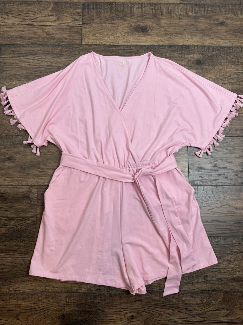 Spartina 449 Pink Shorts Jumpsuit Romper Sz XL Belted Fringe Comfort